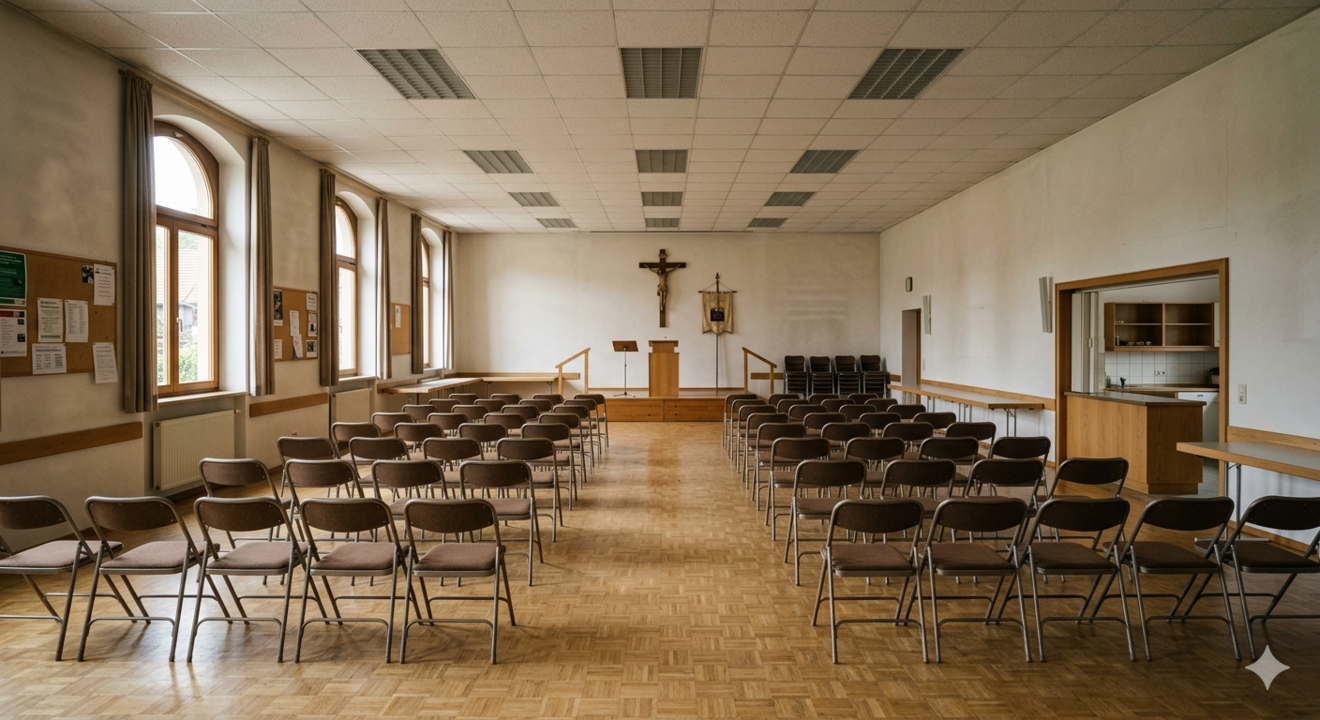 Großer Gruppenraum im Pfarrheim EG mit Stuhlreihen, Altar und Kreuzwand.