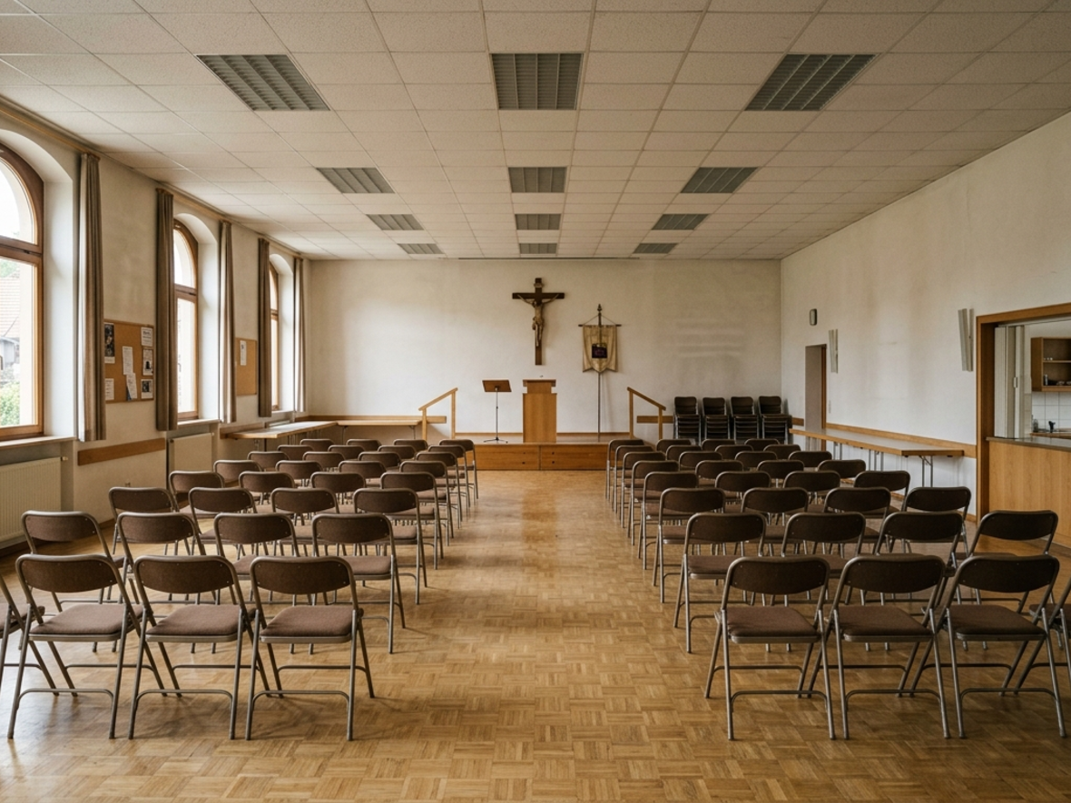 Großer Gruppenraum im Pfarrheim EG mit Stuhlreihen, Altar und Kreuzwand.