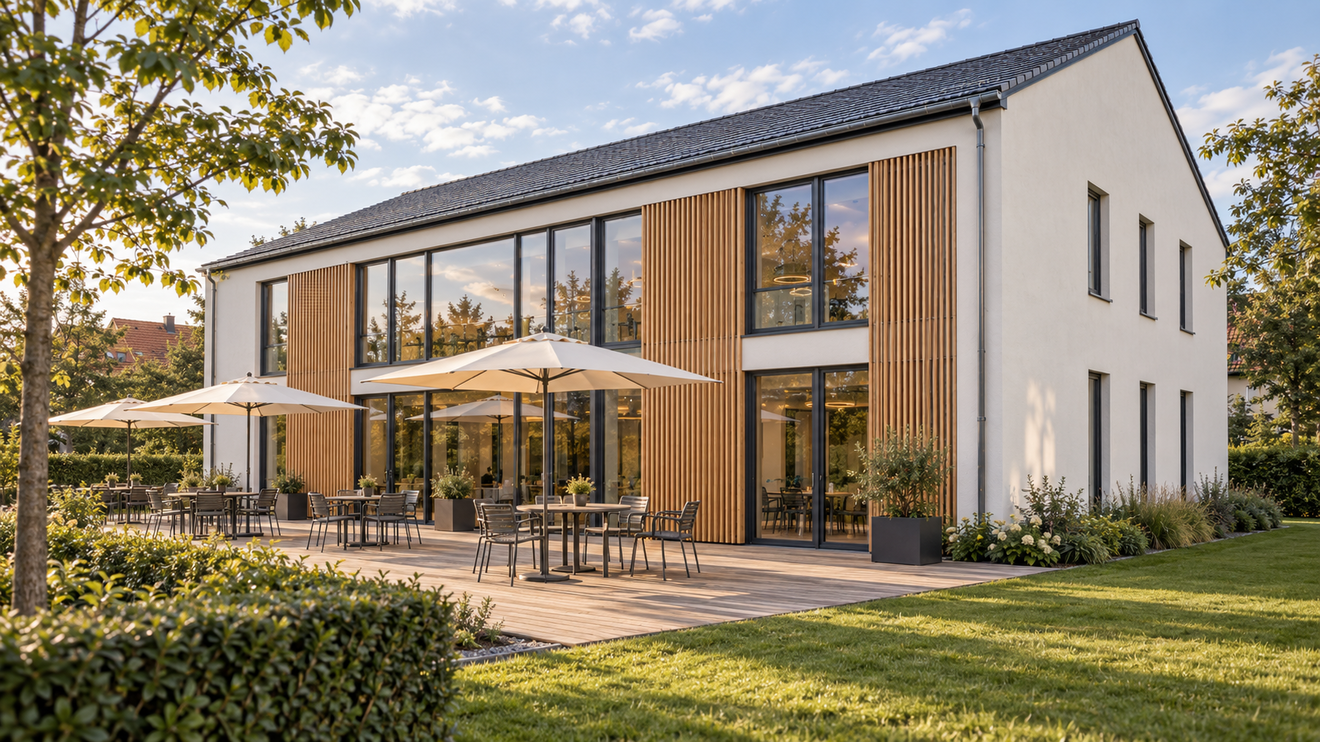 Moderner Bau mit Holzverkleidung, Terrassen mit Sonnenschirmen und Sitzbereichen im Freien.