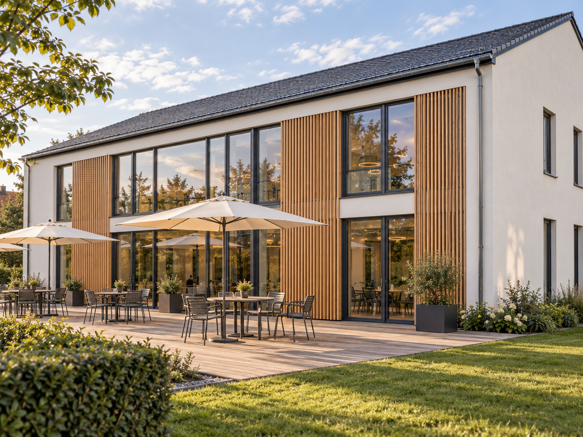 Moderner Bau mit Holzverkleidung, Terrassen mit Sonnenschirmen und Sitzbereichen im Freien.