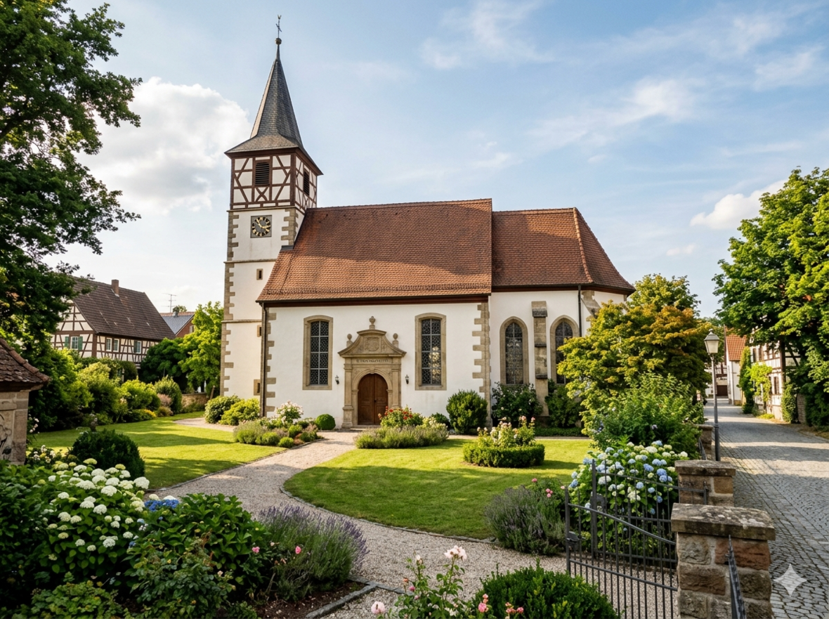 Kirche St. Joseph umgeben von gepflegtem Grün und blühenden Pflanzen.