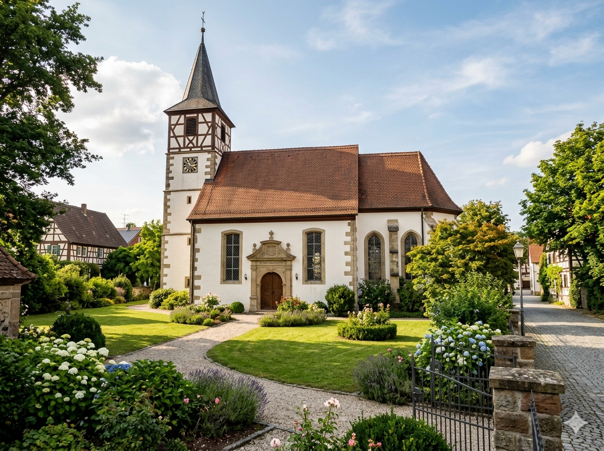 Kirche St. Joseph umgeben von gepflegtem Grün und blühenden Pflanzen.