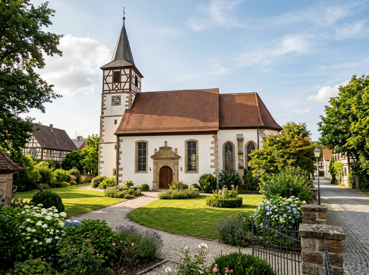 Kirche St. Joseph umgeben von gepflegtem Grün und blühenden Pflanzen.