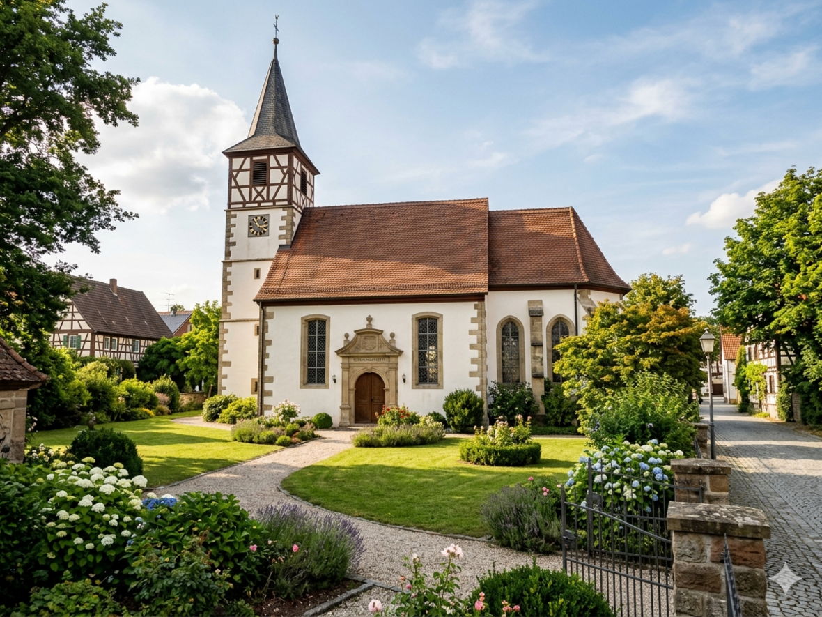 Evangelische Kirche St. Joseph umgeben von gepflegtem Grün und blühenden Pflanzen.
