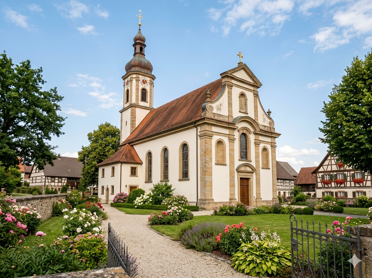 St. Wolfgang Kirche umgeben von blühenden Gärten und historischen Gebäuden im Hintergrund.