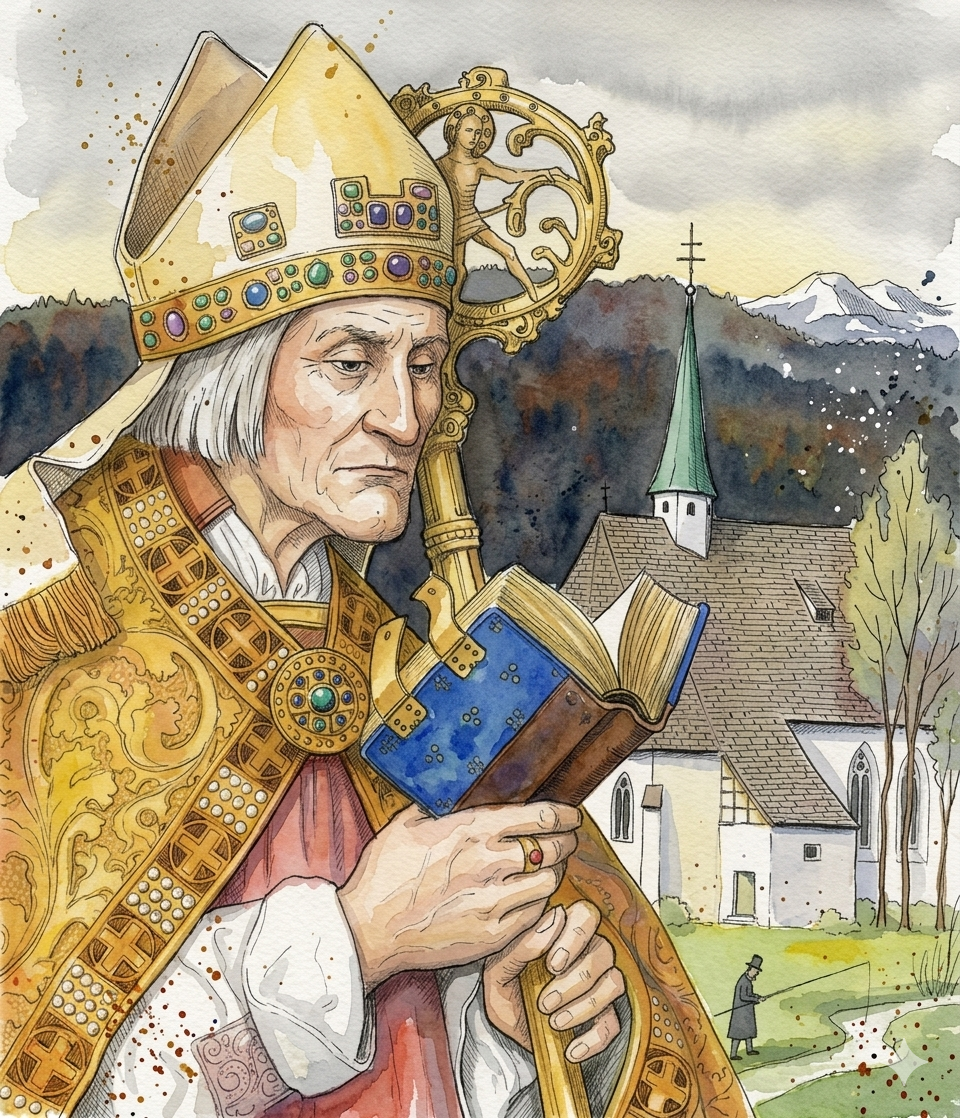 St. Wolfgang in prachtvollem Gewand, er trägt einen Bischofsstab und ein Buch vor dem Hintergrund seiner Kirche.