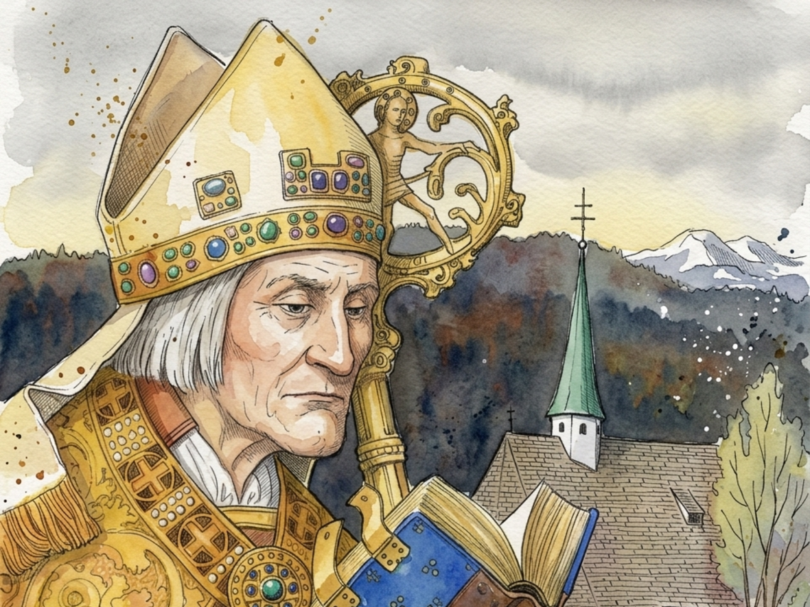 St. Wolfgang in prachtvollem Gewand, er trägt einen Bischofsstab und ein Buch vor dem Hintergrund seiner Kirche.