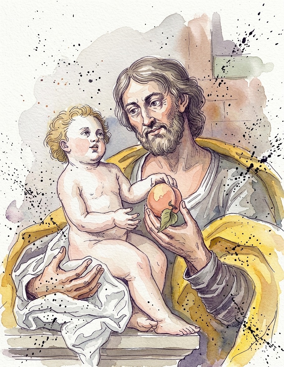 Sankt Joseph hält einen Pfirsich und blickt liebevoll auf das Kind in seinen Armen.