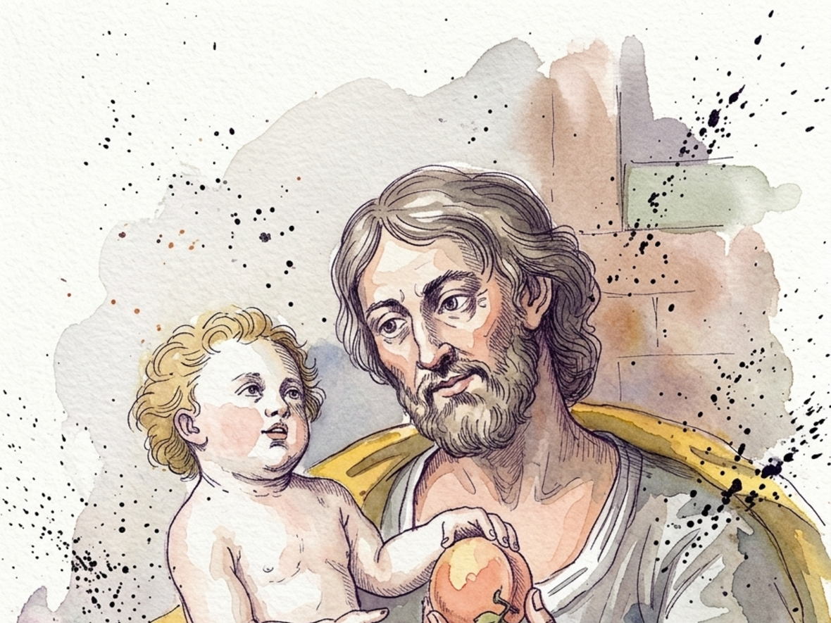 Sankt Joseph hält einen Pfirsich und blickt liebevoll auf das Kind in seinen Armen.