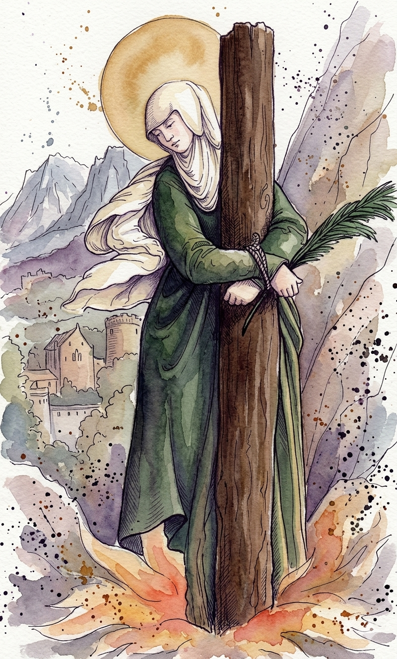 St. Afra umarmt einen Holzpfahl, umgeben von einer bergigen Landschaft und farbenfrohen Wasserfarben.