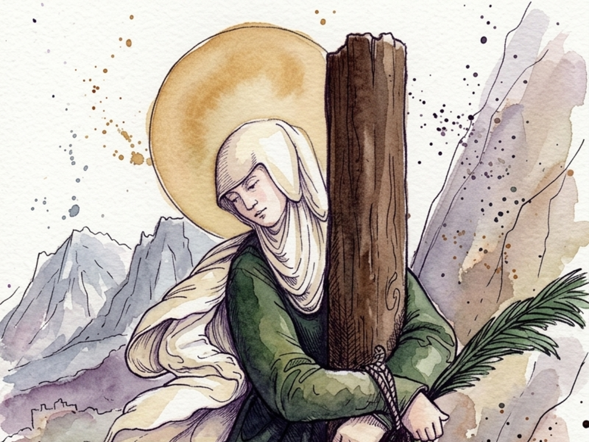 St. Afra umarmt einen Holzpfahl, umgeben von einer bergigen Landschaft und farbenfrohen Wasserfarben.
