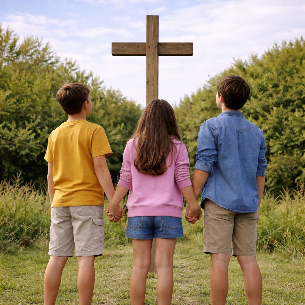 Drei Kinder halten sich am Hand und schauen auf ein Kreuz in einer grünen Umgebung.