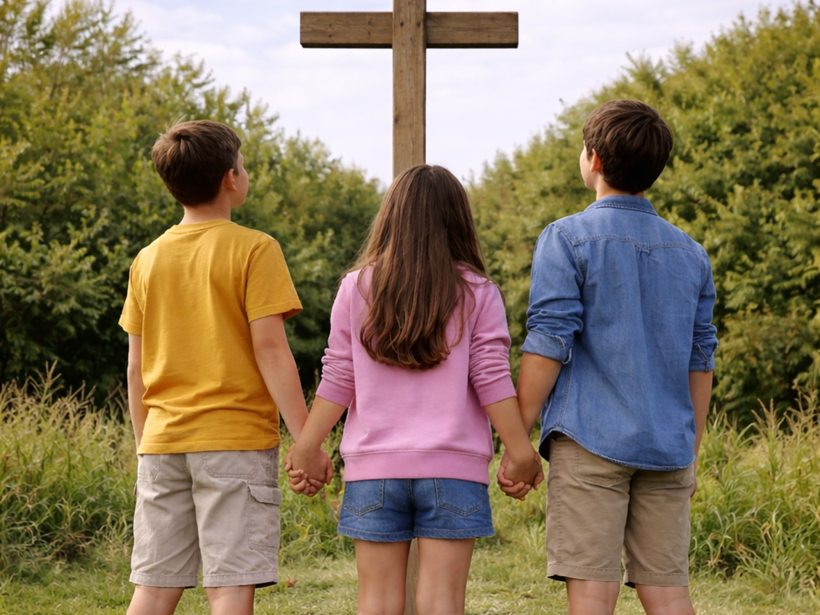 Drei Kinder halten sich am Hand und schauen auf ein Kreuz in einer grünen Umgebung.